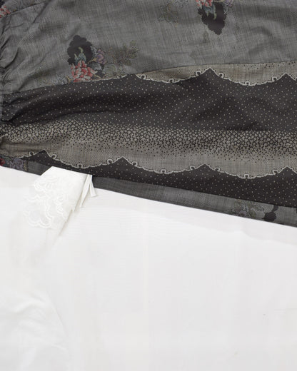 Six-Panel Skirt, Gray and Black Floral Motif, Upcycled Kimono Fabric