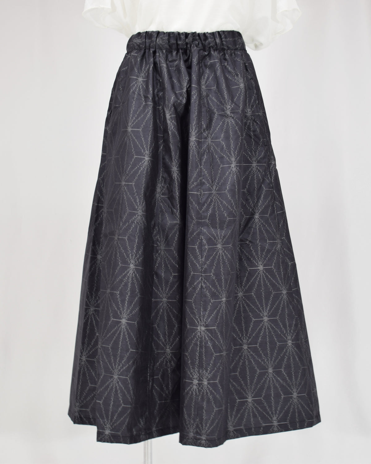 Seven-Panel Skirt, Navy Hemp Leaf Motif, Upcycled Kimono Fabric
