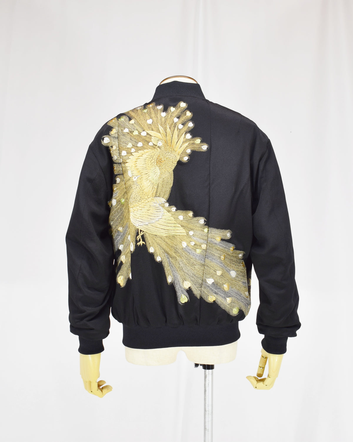 MA-1 Jacket, Black Peacock Motifs, Upcycled Kimono Fabric