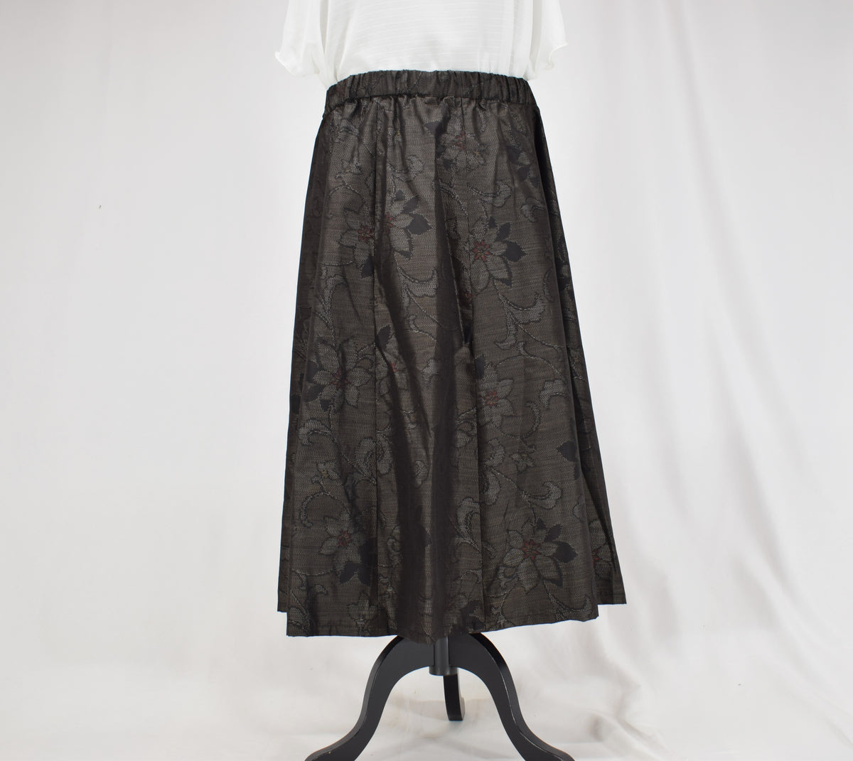 Eight-Panel Skirt, Dark Brown Floral Motif, Upcycled Kimono Fabric