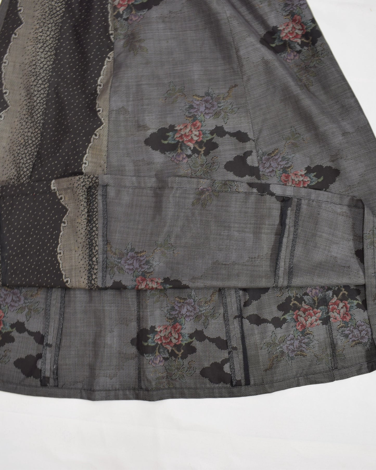 Six-Panel Skirt, Gray and Black Floral Motif, Upcycled Kimono Fabric