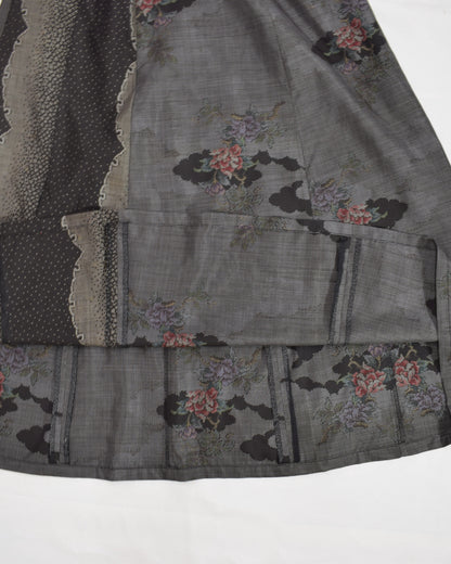 Six-Panel Skirt, Gray and Black Floral Motif, Upcycled Kimono Fabric