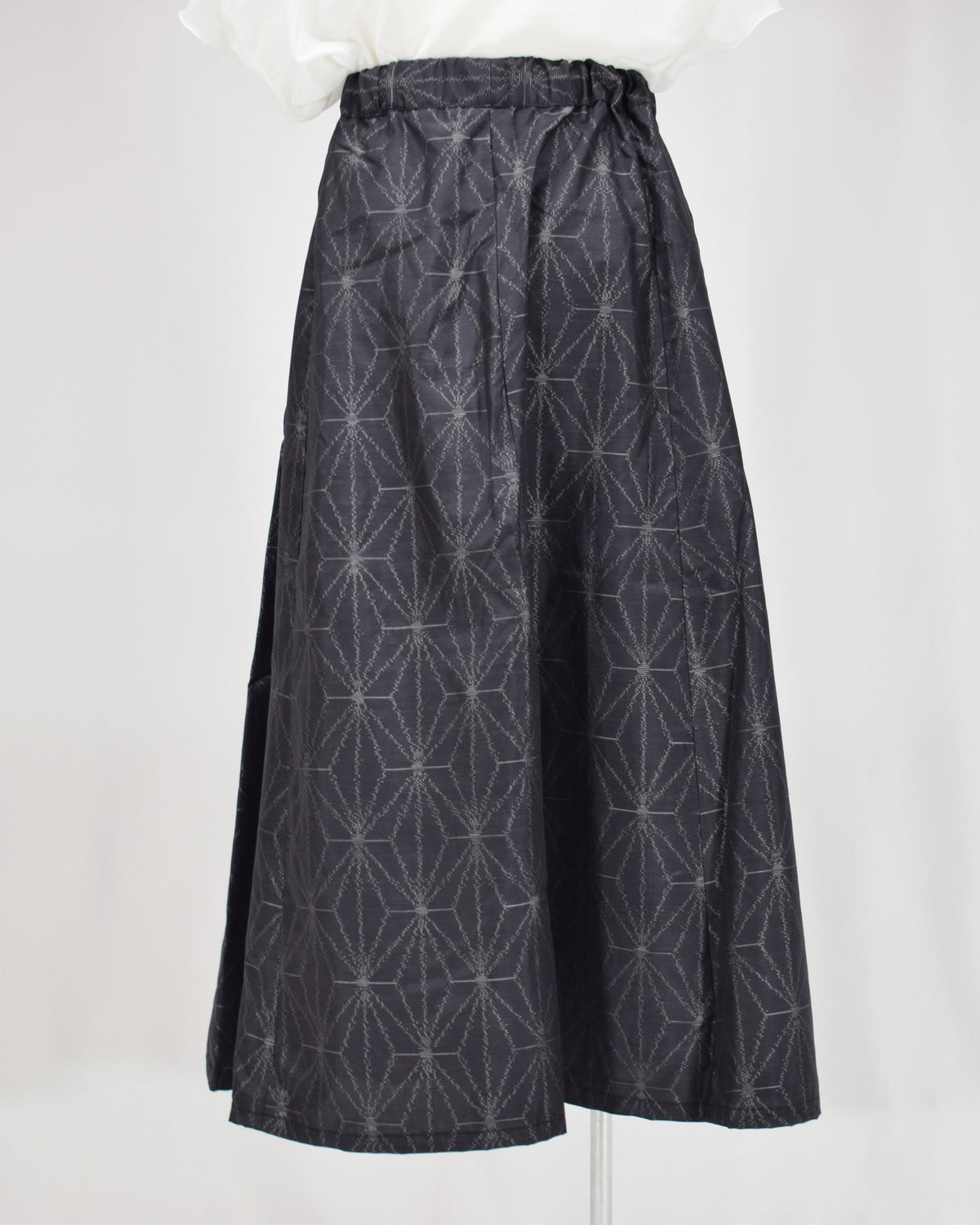 Seven-Panel Skirt, Navy Hemp Leaf Motif, Upcycled Kimono Fabric