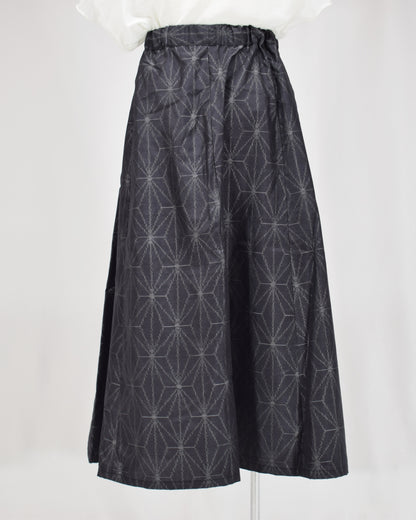 Seven-Panel Skirt, Navy Hemp Leaf Motif, Upcycled Kimono Fabric
