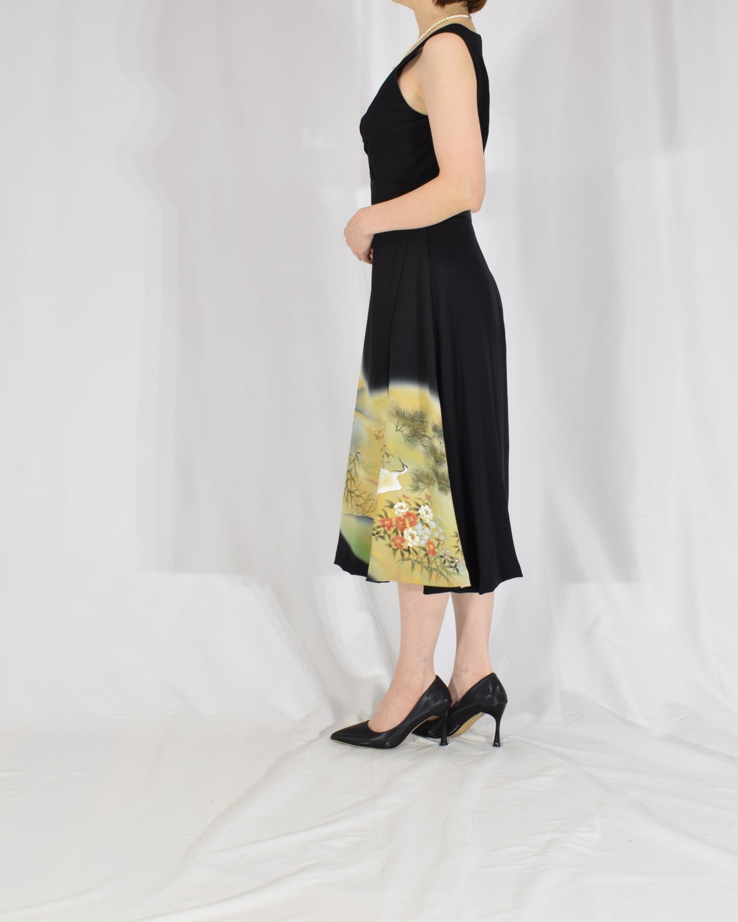 Sleeveless Dress — Black Upcycled Kimono Fabric with Waterside Botanical Motif