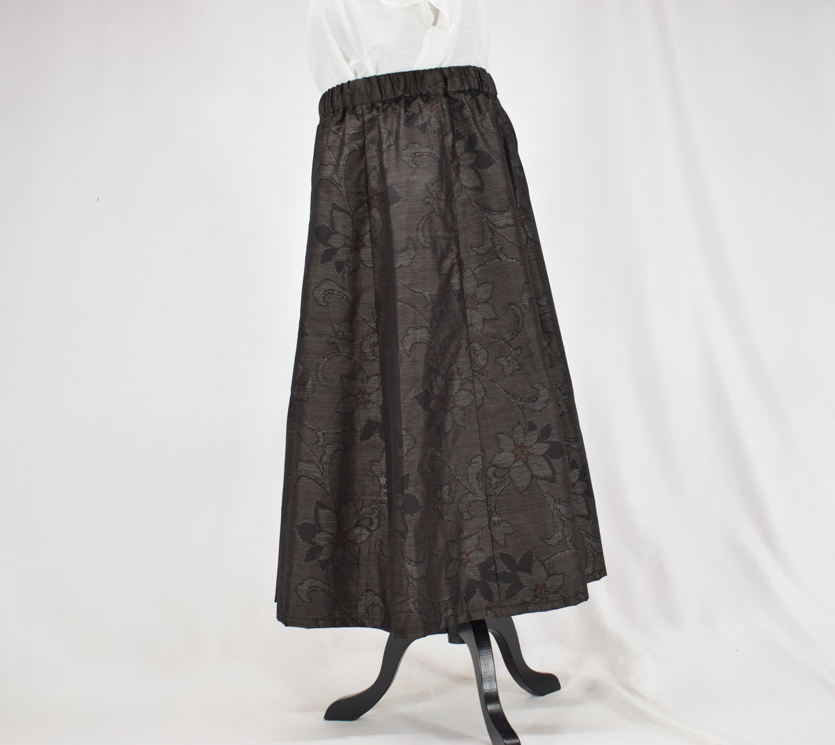 Eight-Panel Skirt, Dark Brown Floral Motif, Upcycled Kimono Fabric