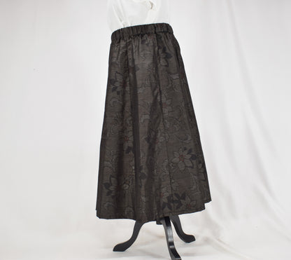 Eight-Panel Skirt, Dark Brown Floral Motif, Upcycled Kimono Fabric