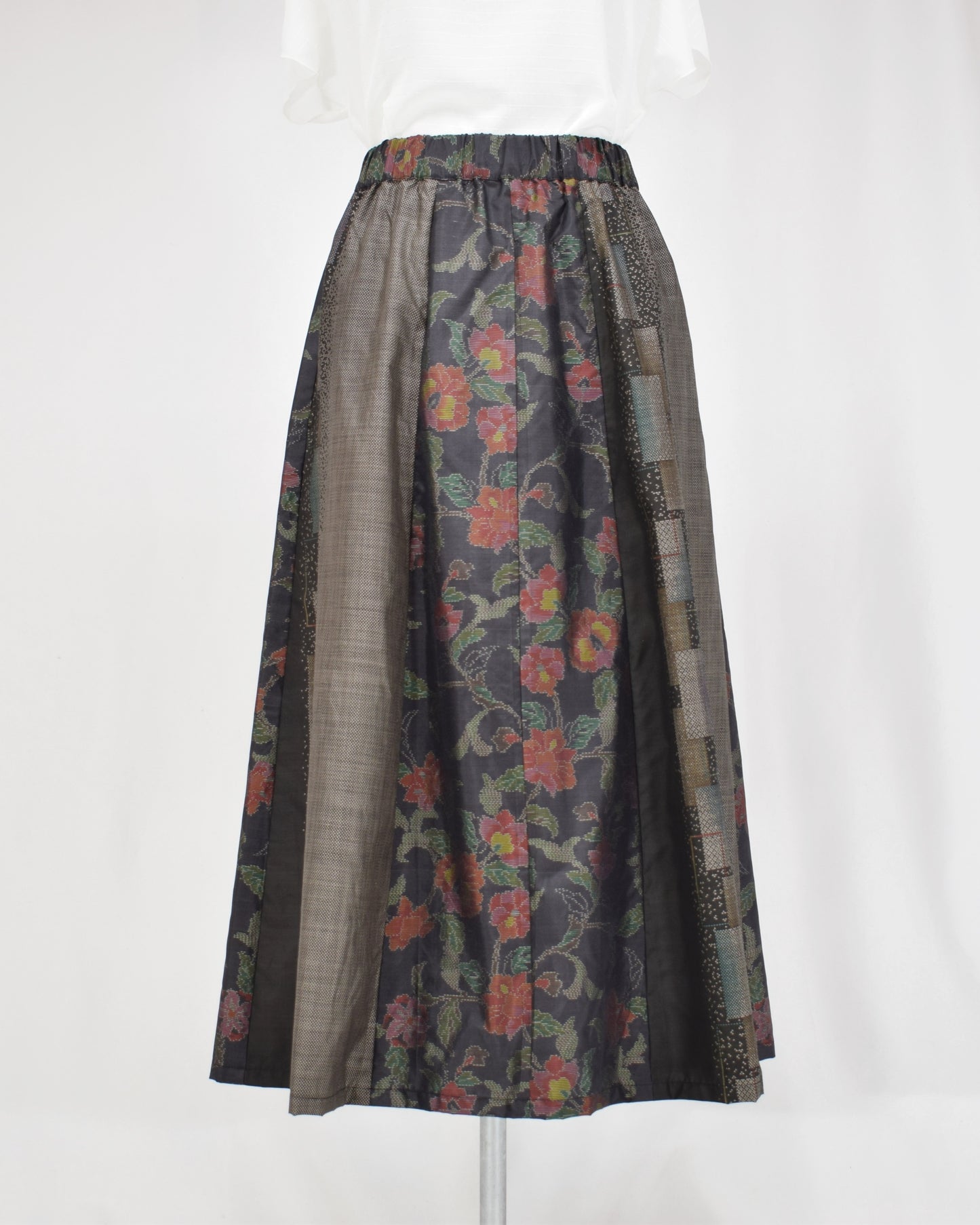 Six-Panel Skirt, Black and Gray Floral and Geometric Motifs, Upcycled Kimono Fabric