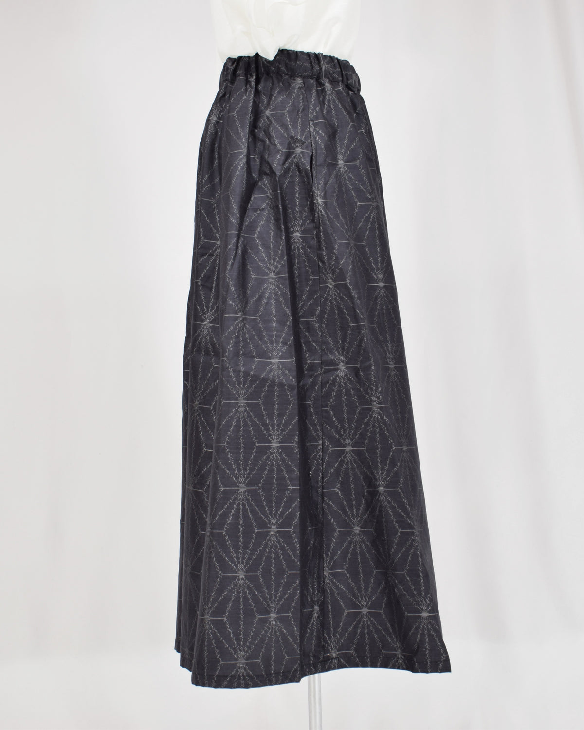 Seven-Panel Skirt, Navy Hemp Leaf Motif, Upcycled Kimono Fabric