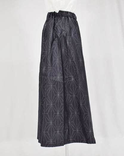 Seven-Panel Skirt, Navy Hemp Leaf Motif, Upcycled Kimono Fabric