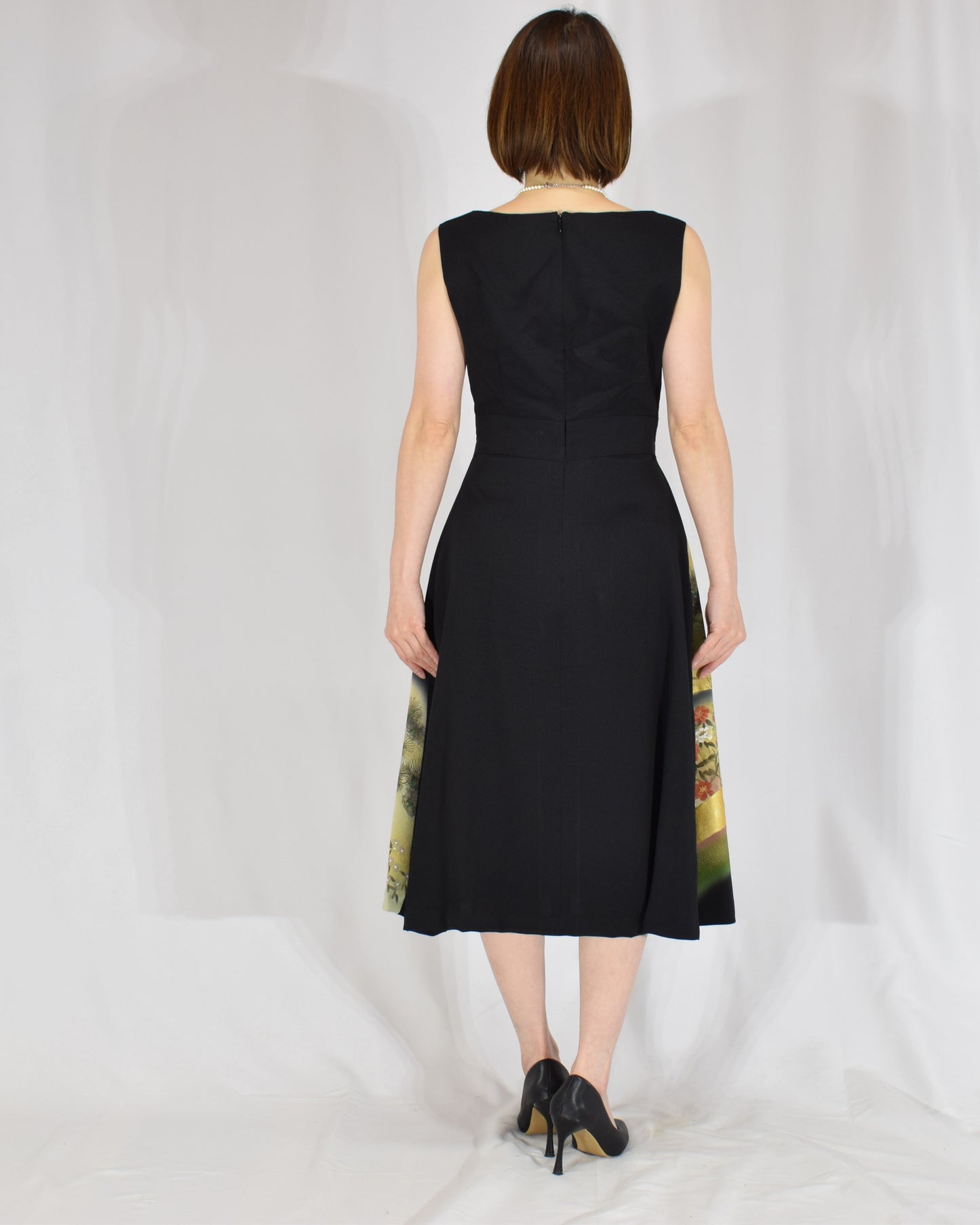 Sleeveless Dress — Black Upcycled Kimono Fabric with Waterside Botanical Motif