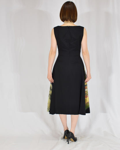 Sleeveless Dress — Black Upcycled Kimono Fabric with Waterside Botanical Motif