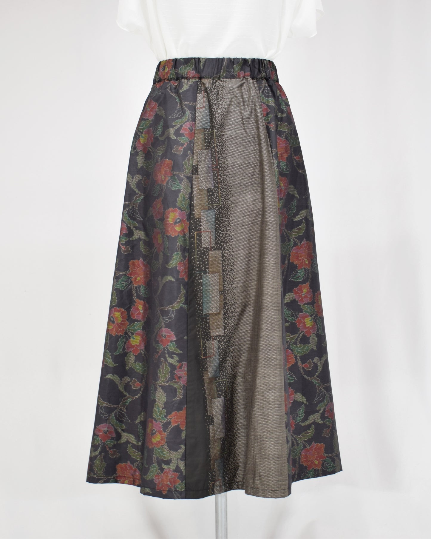 Six-Panel Skirt, Black and Gray Floral and Geometric Motifs, Upcycled Kimono Fabric