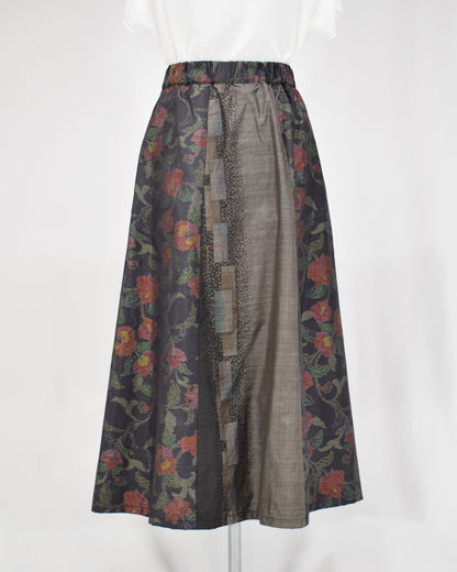 Six-Panel Skirt, Black and Gray Floral and Geometric Motifs, Upcycled Kimono Fabric