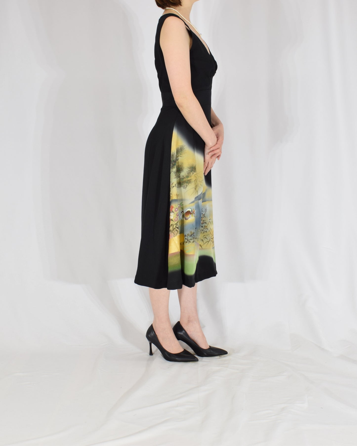 Sleeveless Dress — Black Upcycled Kimono Fabric with Waterside Botanical Motif