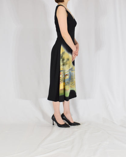 Sleeveless Dress — Black Upcycled Kimono Fabric with Waterside Botanical Motif