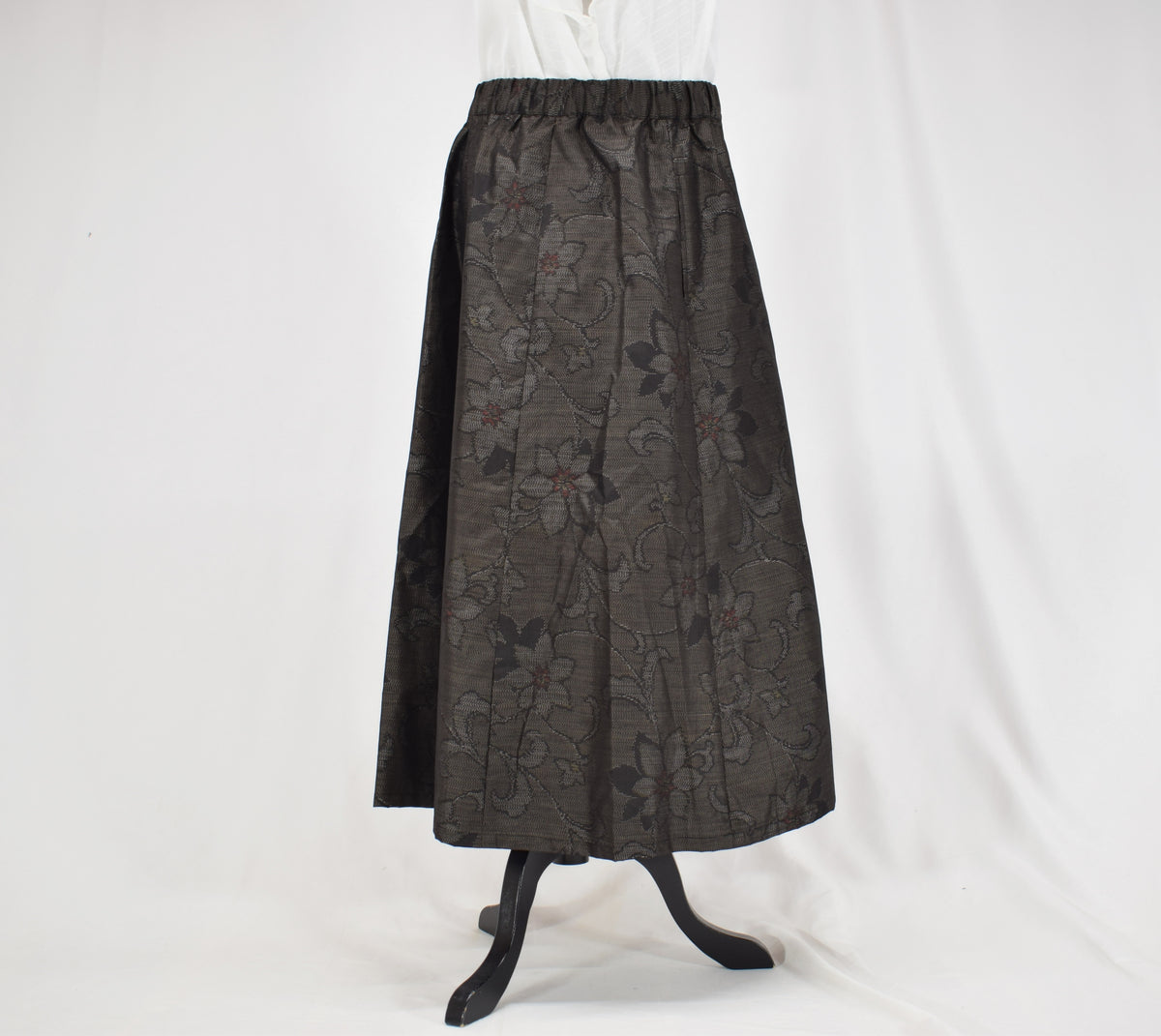Eight-Panel Skirt, Dark Brown Floral Motif, Upcycled Kimono Fabric