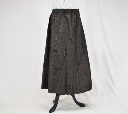 Eight-Panel Skirt, Dark Brown Floral Motif, Upcycled Kimono Fabric