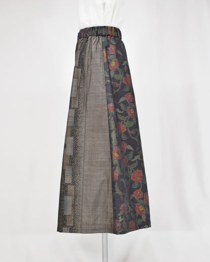 Six-Panel Skirt, Black and Gray Floral and Geometric Motifs, Upcycled Kimono Fabric