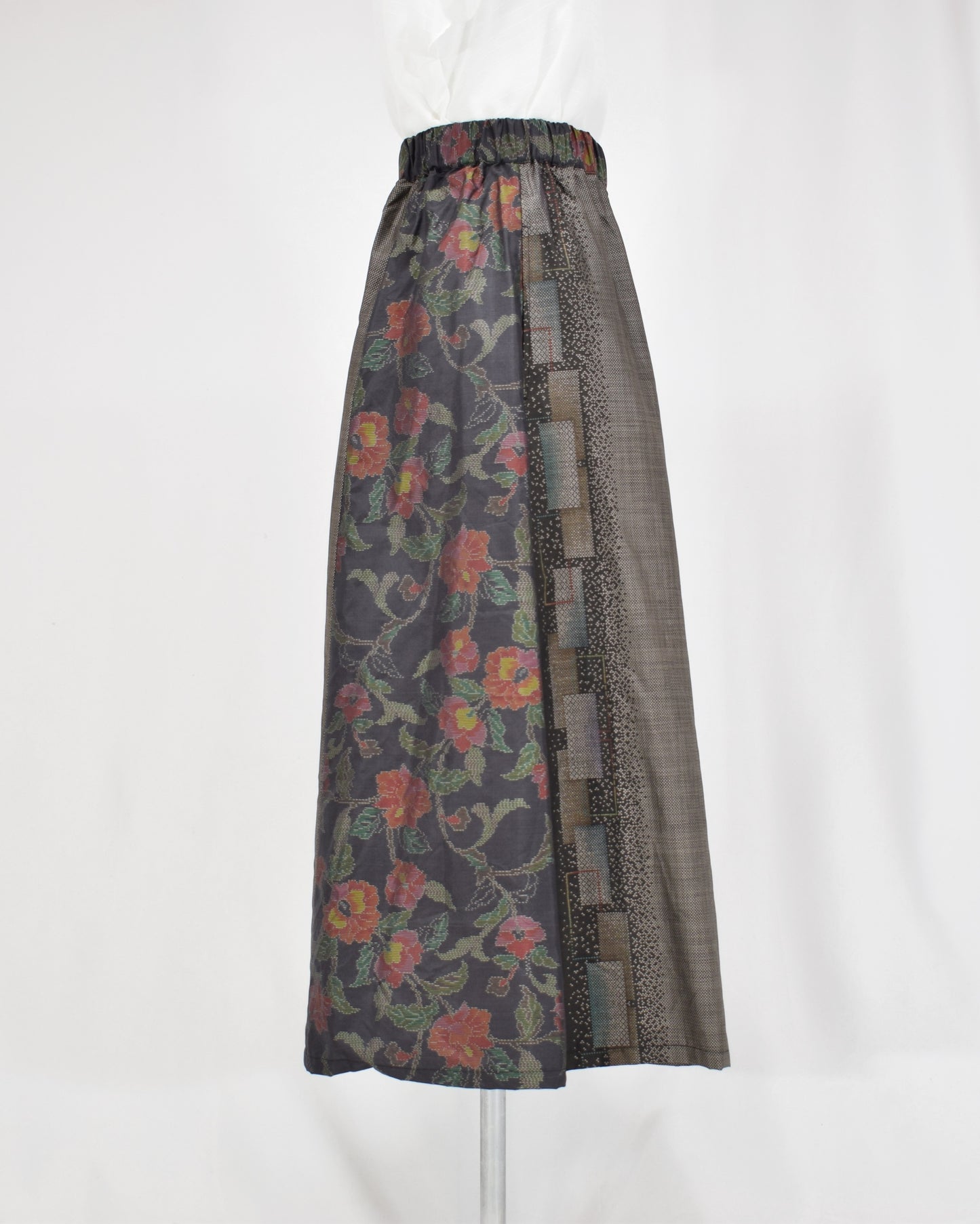 Six-Panel Skirt, Black and Gray Floral and Geometric Motifs, Upcycled Kimono Fabric