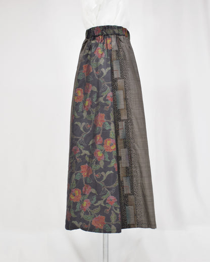 Six-Panel Skirt, Black and Gray Floral and Geometric Motifs, Upcycled Kimono Fabric