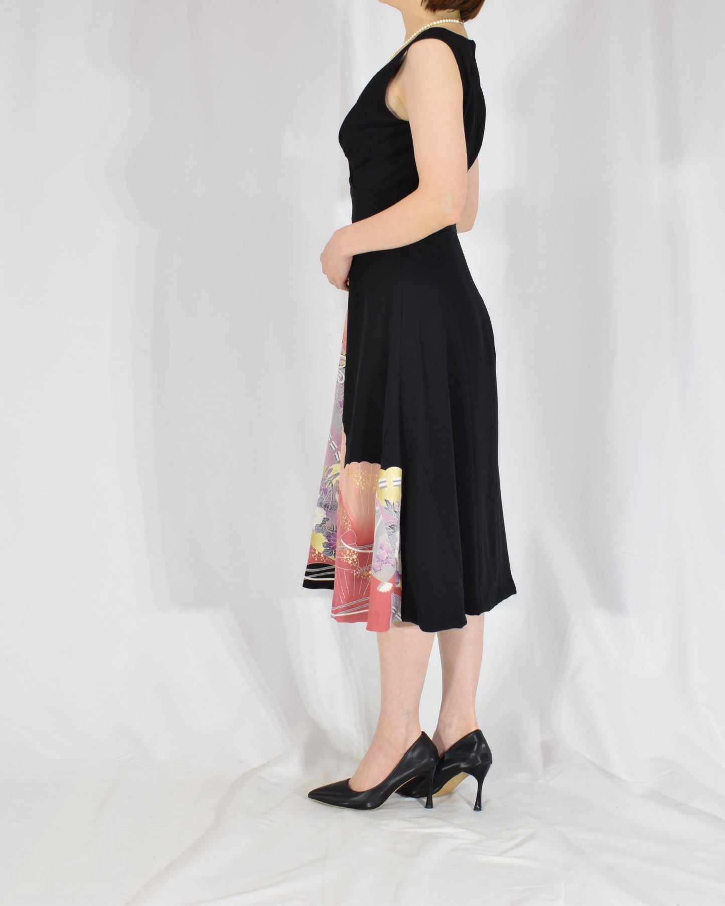 Sleeveless Dress — Black Upcycled Kimono Fabric with Floral Fan Motif