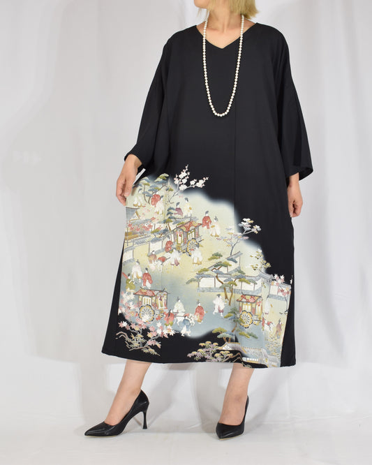 Elegant Kimono Dress, Scenic Motif, Upcycled Tomesode Fabric