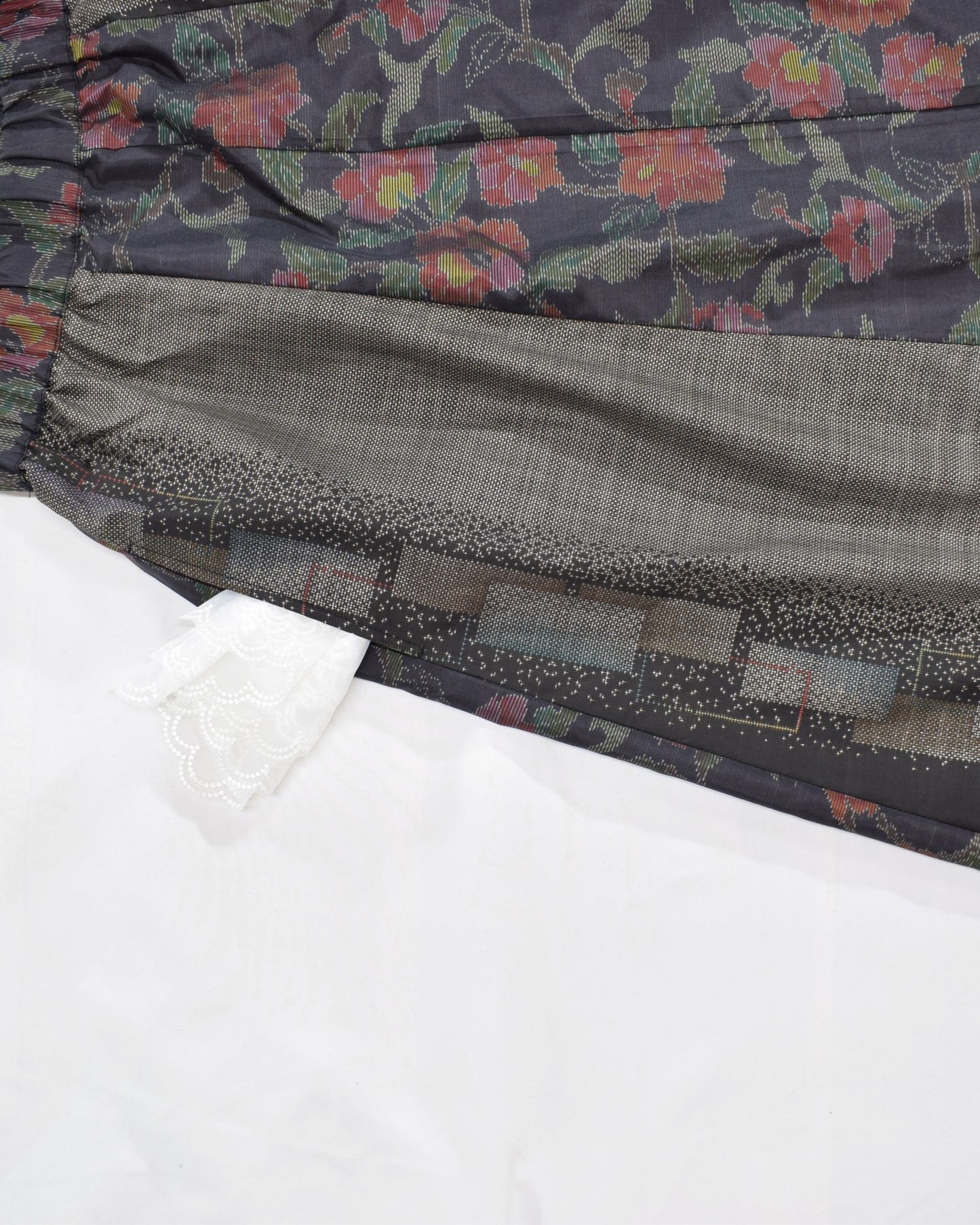 Six-Panel Skirt, Black and Gray Floral and Geometric Motifs, Upcycled Kimono Fabric