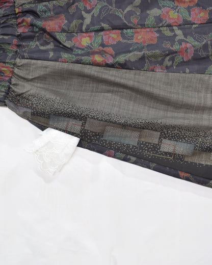 Six-Panel Skirt, Black and Gray Floral and Geometric Motifs, Upcycled Kimono Fabric