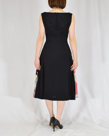 Sleeveless Dress — Black Upcycled Kimono Fabric with Floral Fan Motif