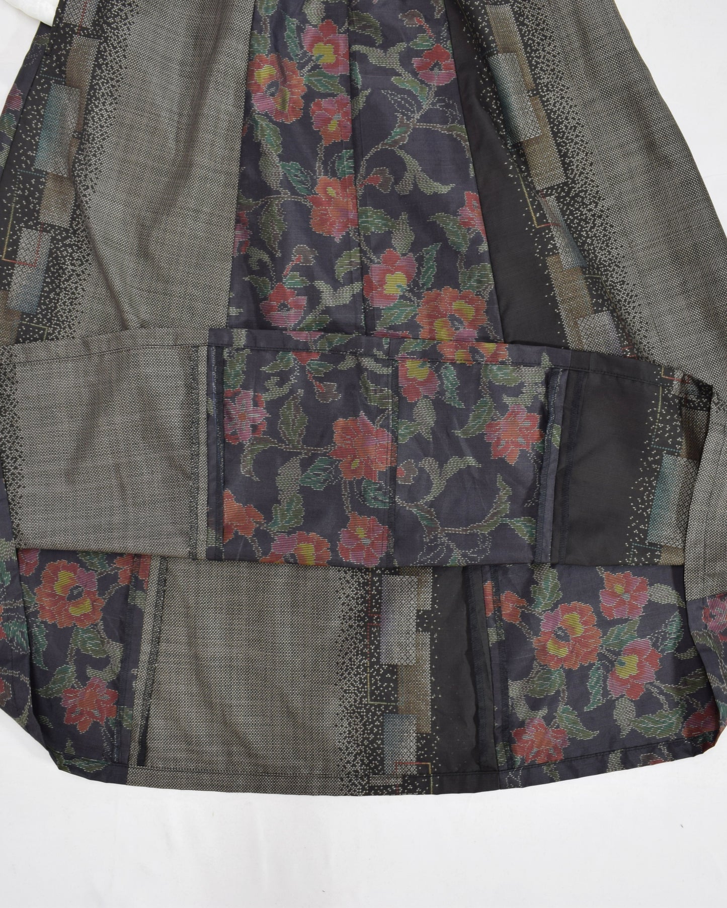 Six-Panel Skirt, Black and Gray Floral and Geometric Motifs, Upcycled Kimono Fabric