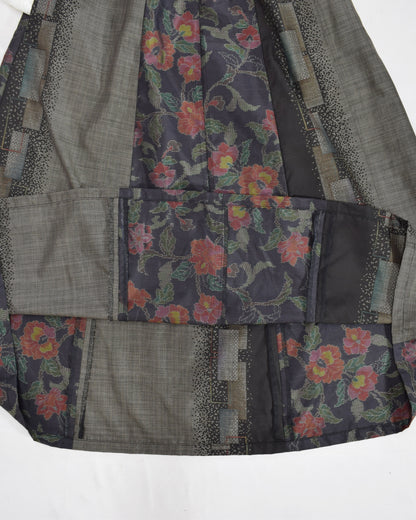 Six-Panel Skirt, Black and Gray Floral and Geometric Motifs, Upcycled Kimono Fabric