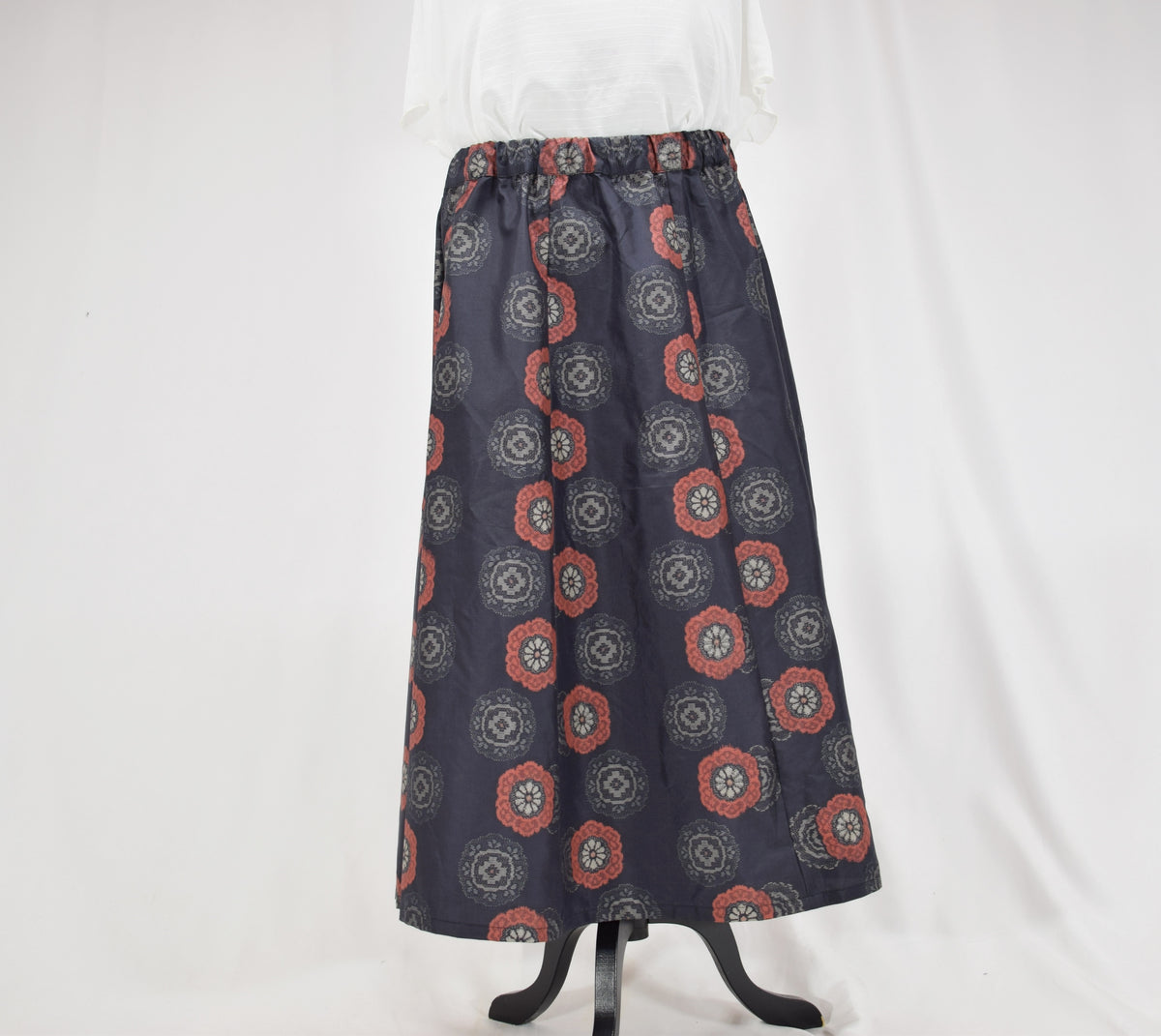 Eight-Panel Skirt, Navy Floral Medallion Motif, Upcycled Kimono Fabric