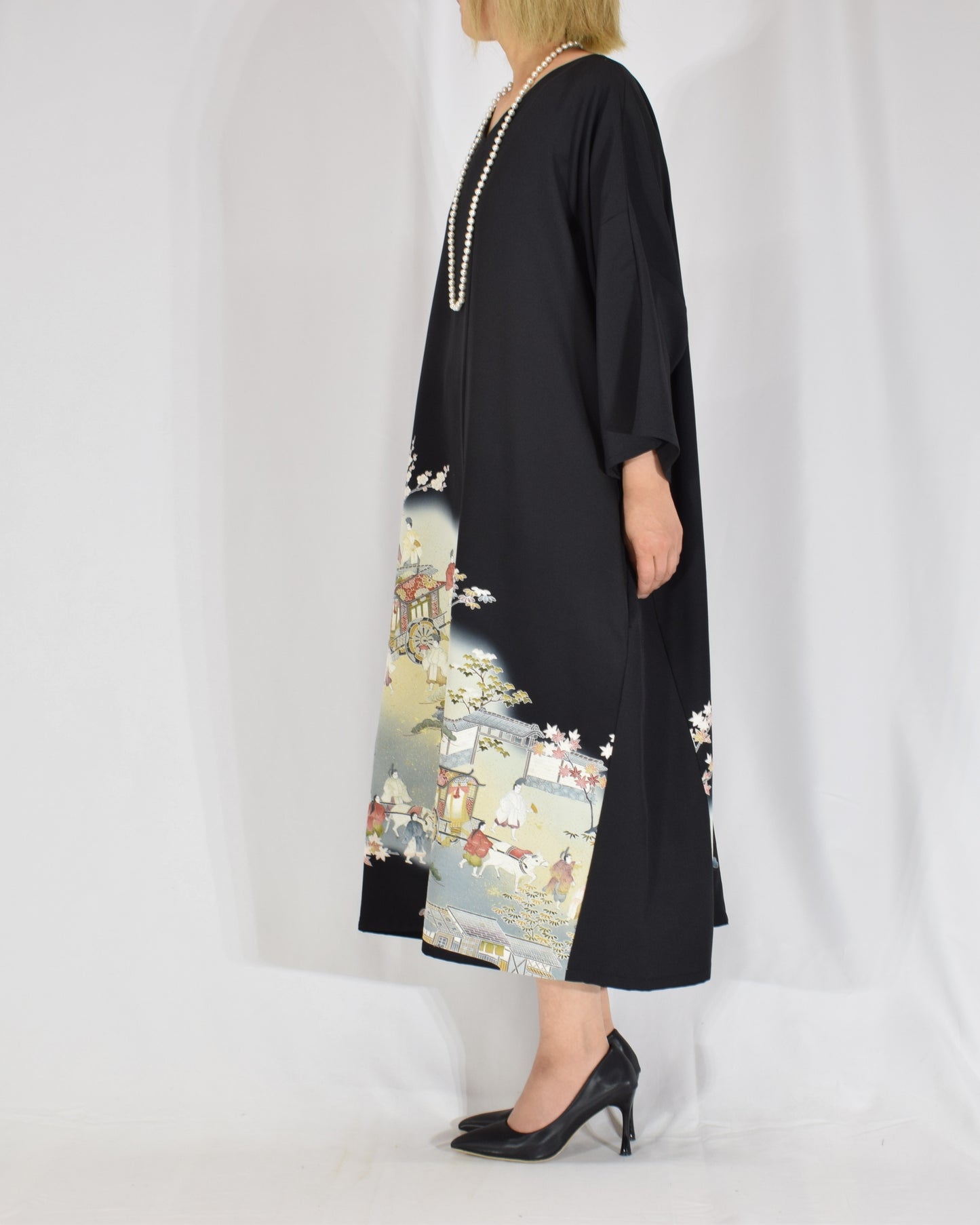 Elegant Kimono Dress, Scenic Motif, Upcycled Tomesode Fabric