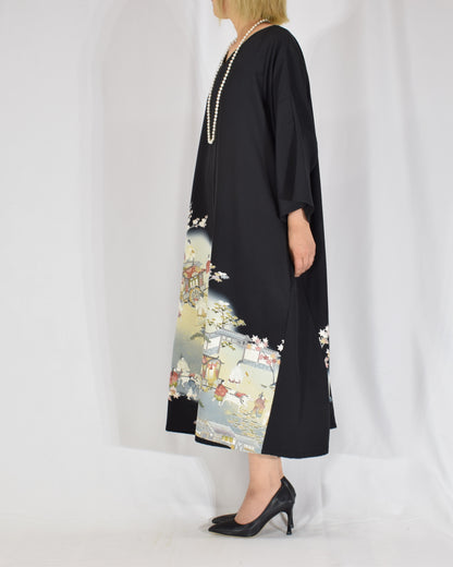 Elegant Kimono Dress, Scenic Motif, Upcycled Tomesode Fabric