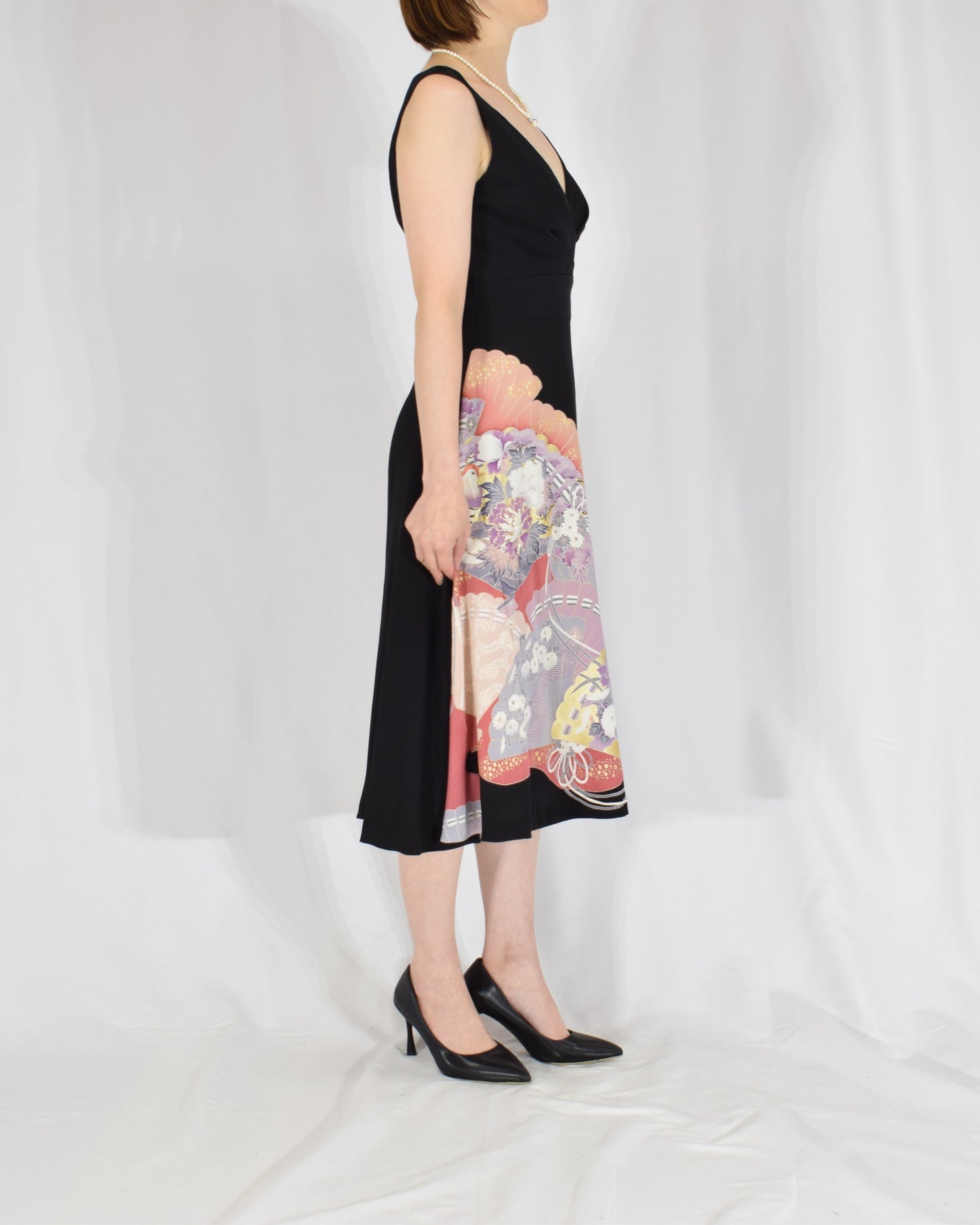 Sleeveless Dress — Black Upcycled Kimono Fabric with Floral Fan Motif