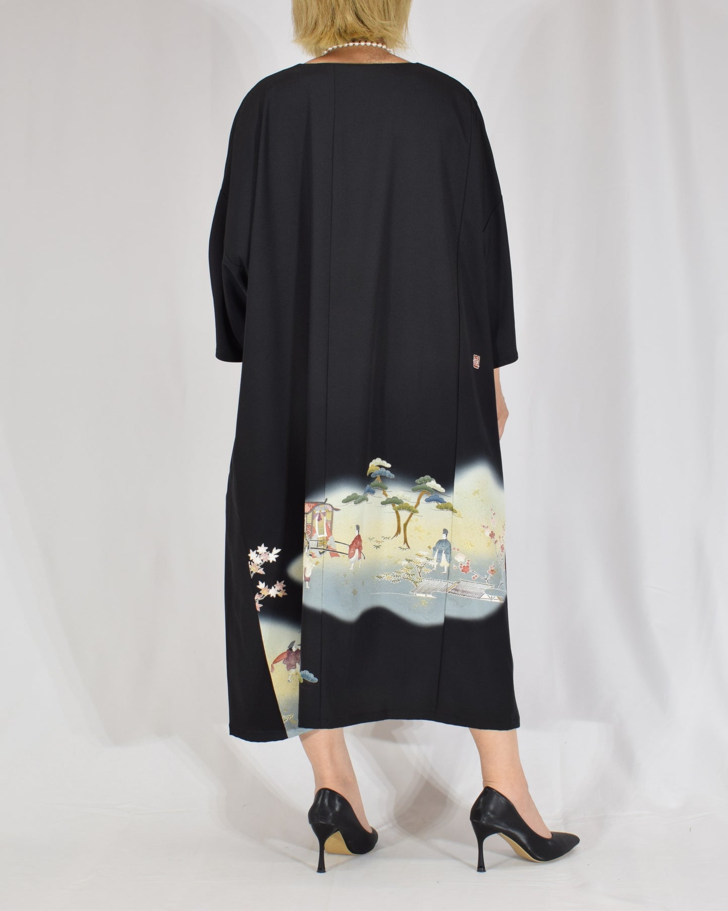 Elegant Kimono Dress, Scenic Motif, Upcycled Tomesode Fabric