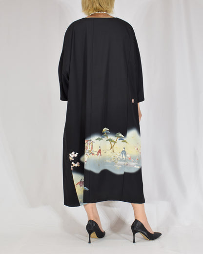 Elegant Kimono Dress, Scenic Motif, Upcycled Tomesode Fabric