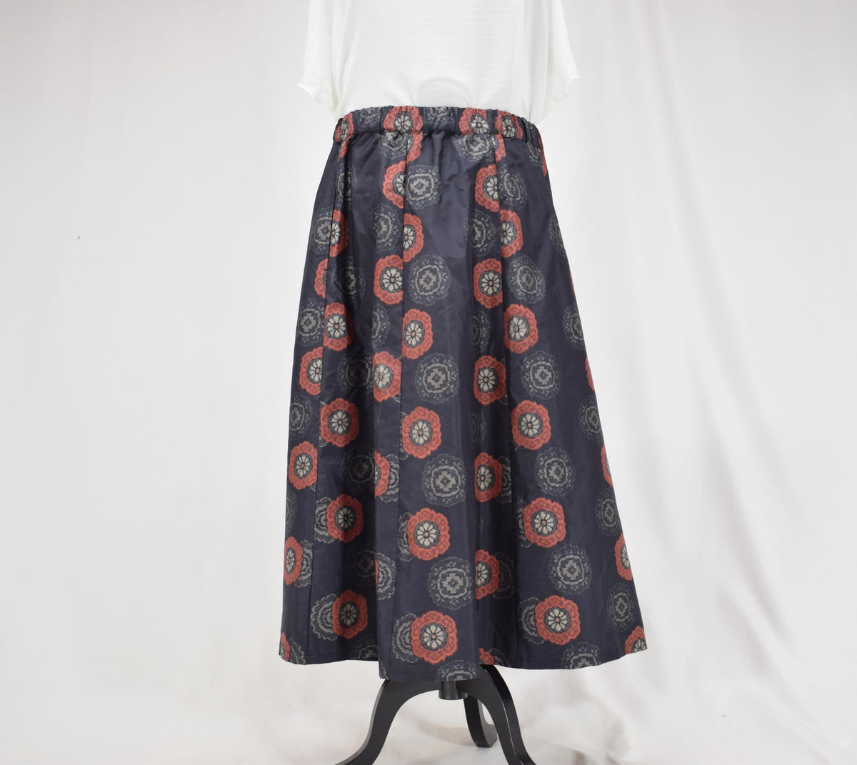 Eight-Panel Skirt, Navy Floral Medallion Motif, Upcycled Kimono Fabric