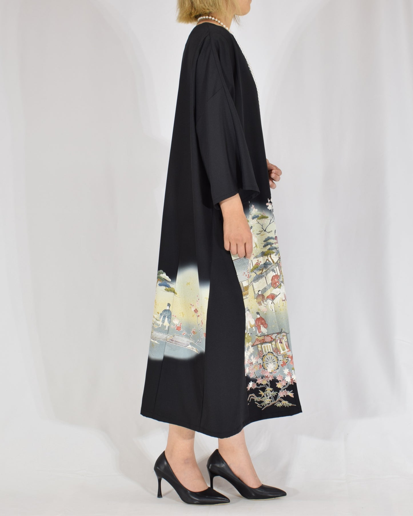 Elegant Kimono Dress, Scenic Motif, Upcycled Tomesode Fabric