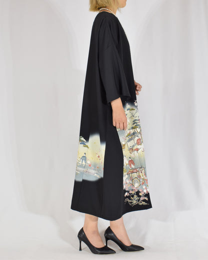 Elegant Kimono Dress, Scenic Motif, Upcycled Tomesode Fabric