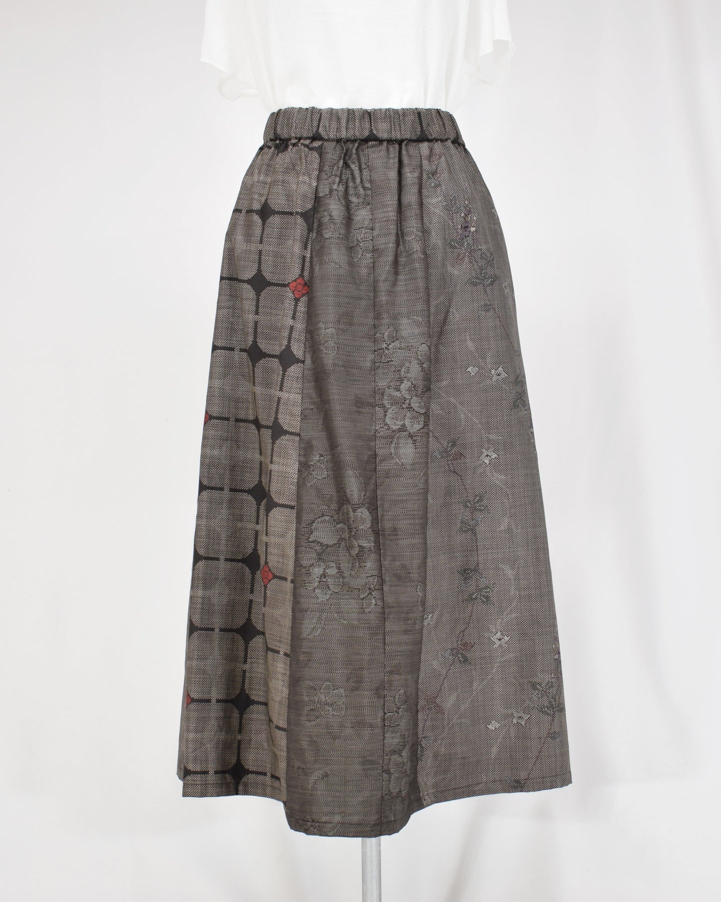 Six-Panel Skirt, Gray Geometric and Botanical Motifs, Upcycled Kimono Fabric