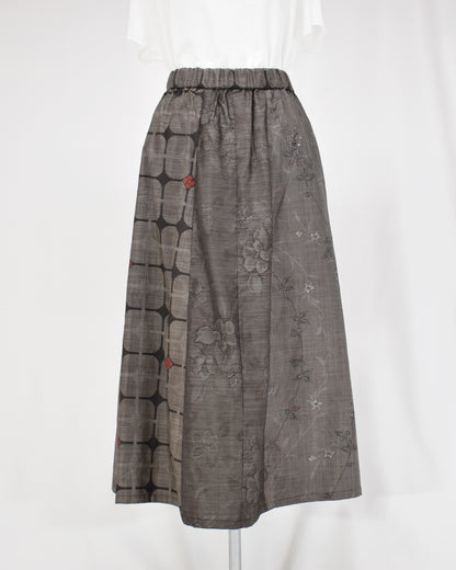 Six-Panel Skirt, Gray Geometric and Botanical Motifs, Upcycled Kimono Fabric