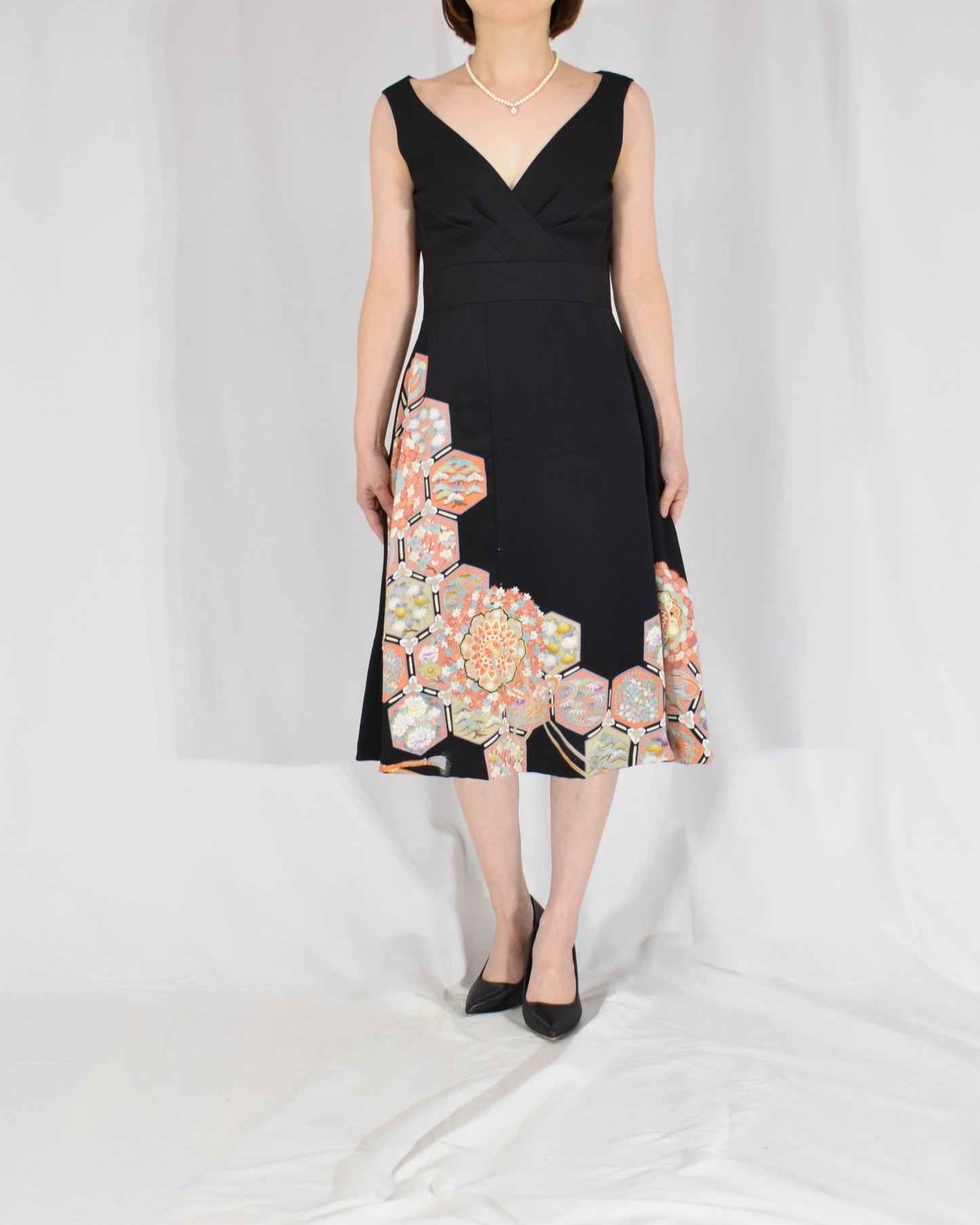 Sleeveless Dress — Black Upcycled Kimono Fabric with Floral and Geometric Motif