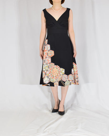 Sleeveless Dress — Black Upcycled Kimono Fabric with Floral and Geometric Motif