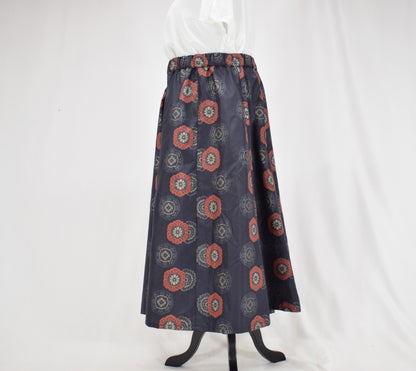 Eight-Panel Skirt, Navy Floral Medallion Motif, Upcycled Kimono Fabric