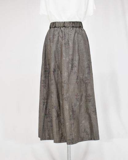Six-Panel Skirt, Gray Geometric and Botanical Motifs, Upcycled Kimono Fabric