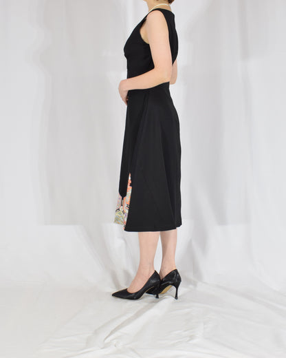 Sleeveless Dress — Black Upcycled Kimono Fabric with Floral and Geometric Motif