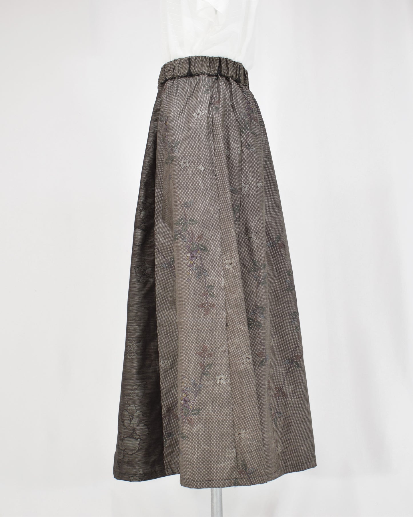 Six-Panel Skirt, Gray Geometric and Botanical Motifs, Upcycled Kimono Fabric