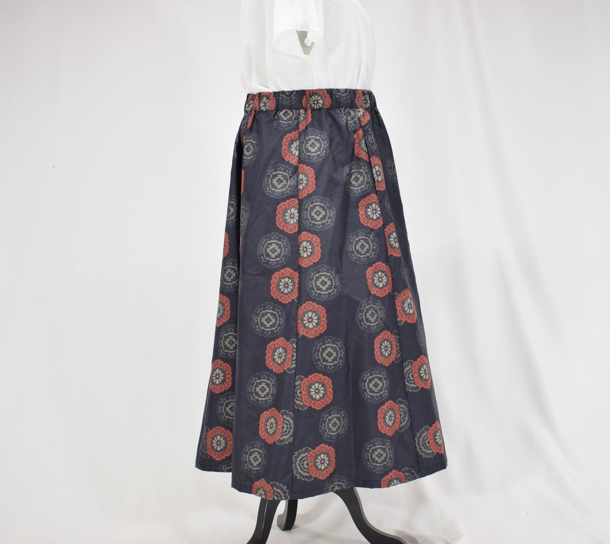 Eight-Panel Skirt, Navy Floral Medallion Motif, Upcycled Kimono Fabric